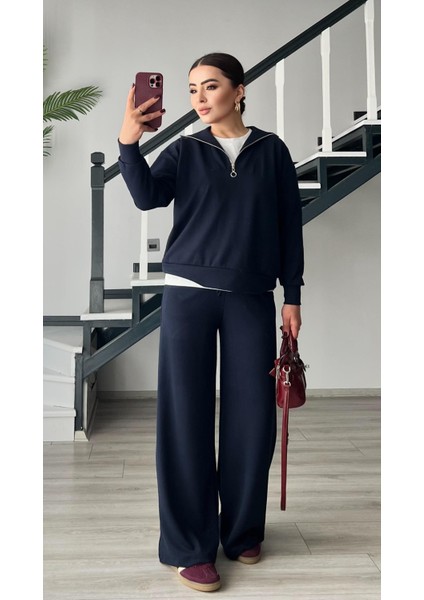 Lacivert Modal Kumaş Yarım Fermuarlı Takım