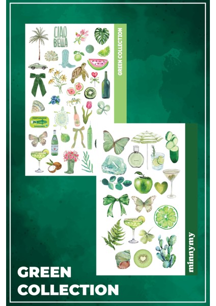 2'li Green Collection Sticker, Çıkartma, Ajanda, Günlük, Planlayıcı, Bullet Journal ,scrapbook
