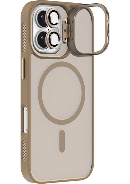 Apple iPhone 17 Lens Hediyeli Kapak Kamera Korumalı Wireless Şarj Özellikli Standlı Premium Kılıf - Çöl Titanyum