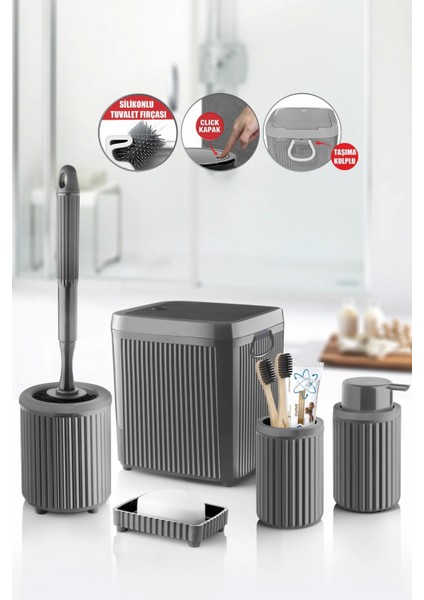 5 Parça Gri Click Kapaklı Silikon Fırçalı Taşıma Kulplu Banyo Seti – 5 Litre