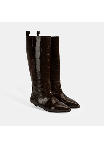 Kadın Kahve Kroko Baskılı Ince Topuklu Rugan Deri Çizme