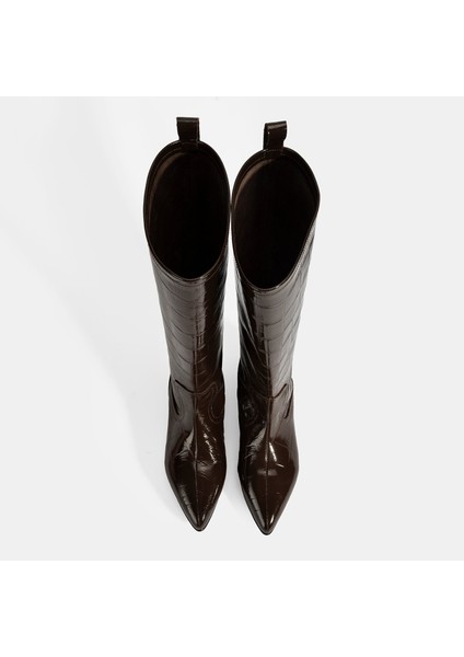 Kadın Kahve Kroko Baskılı Ince Topuklu Rugan Deri Çizme indirimleri