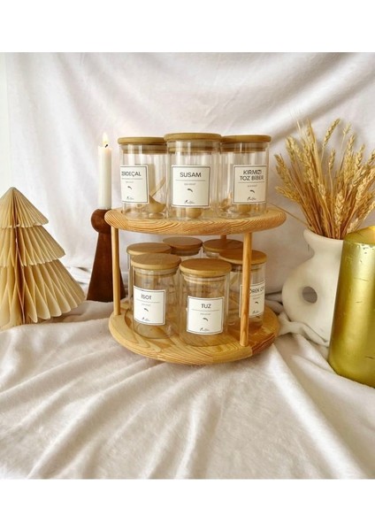 12'li 250 ml Mika Kavanozlu Stantlı Baharatlık Seti (12 Adet Kaşık ve 28 Adet Etiket Hediye)