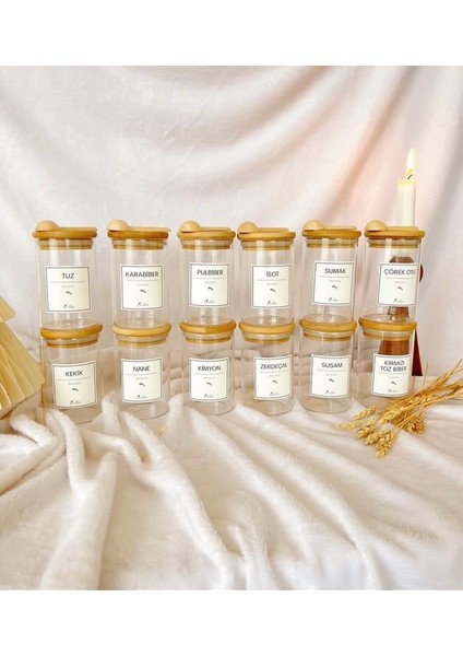 12'li 250 ml Mika Kavanozlu Stantlı Baharatlık Seti (12 Adet Kaşık ve 28 Adet Etiket Hediye) fiyatları