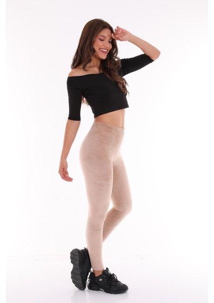 Fransız Kadife Toparlayıcı Tayt Bej