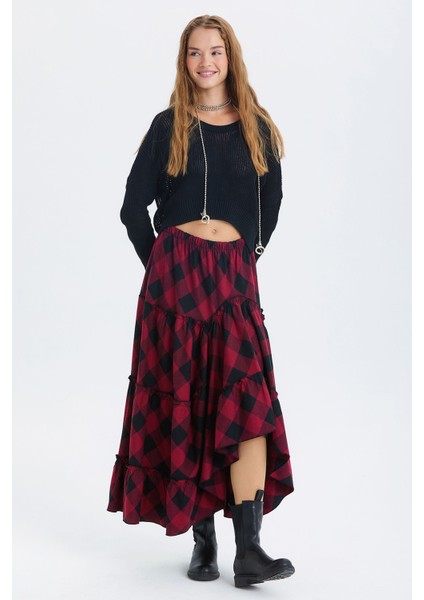 Hippi Tarz Desenli Maxi Etek Bordo