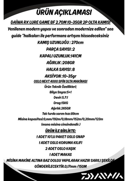 Rx Lure Bf 270CM 10-35GR Oslo Next 4000 8 Örgü Spin Olta Seti fiyatları