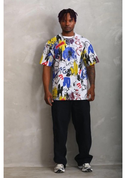 Unisex Oversize Baskılı Bisiklet Yaka T-Shirt - Beyaz