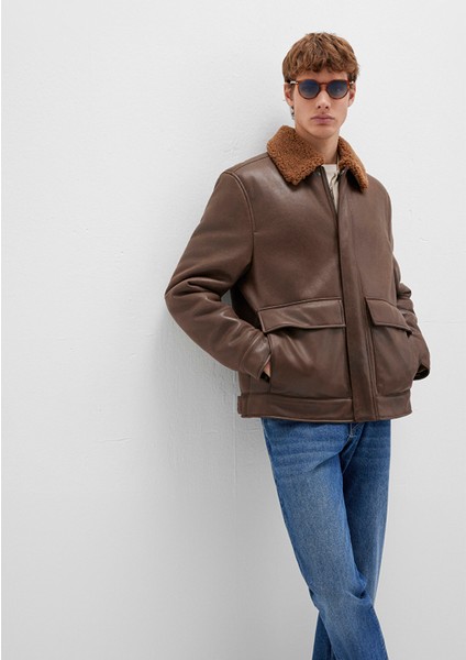 Kahverengi Suni Kürk Detaylı Suni Deri Ceket 0110669-70240
