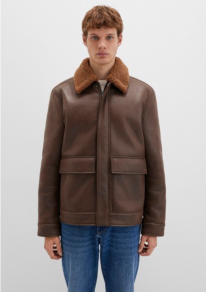 Kahverengi Suni Kürk Detaylı Suni Deri Ceket 0110669-70240 fırsatları