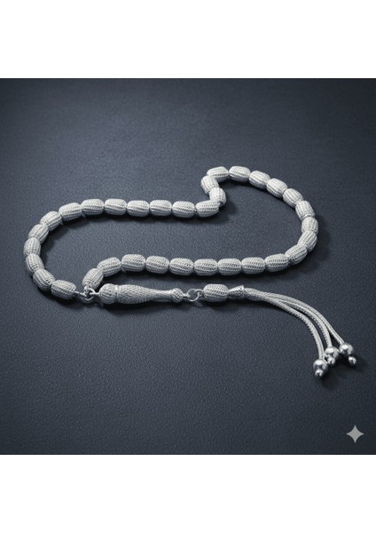 Üçlü Kamçı Top Püsküllü Telkari Tasarım Kapsül Kesim Gümüş Renk 925 Ayar Gümüş Tesbih modelleri