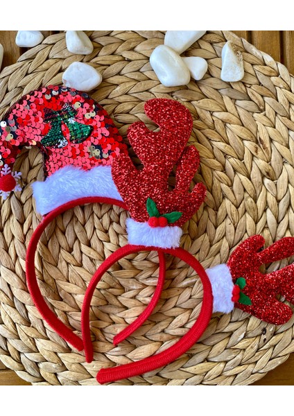 Kırmızı Renk Parlak Noel Baba Şapkalı ve Geyik Modelli Iki Adet Yılbaşı Taç