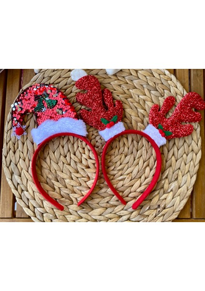 Kırmızı Renk Parlak Noel Baba Şapkalı ve Geyik Modelli Iki Adet Yılbaşı Taç fırsatları