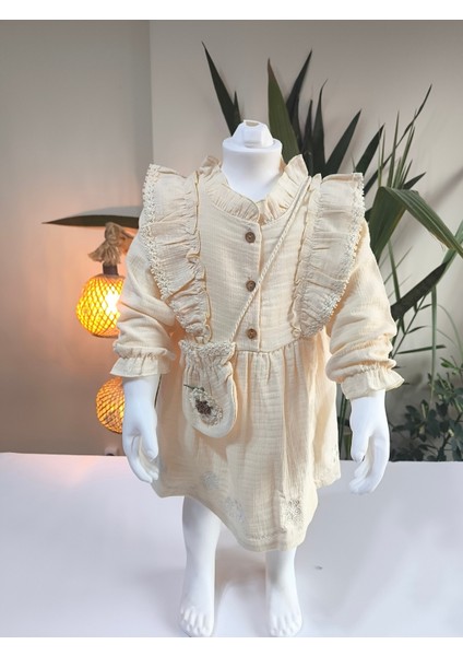 Uzun Kollu Dantel Detaylı Otantik Müslin Çantalı Kız Çocuk Elbisesi fiyatları