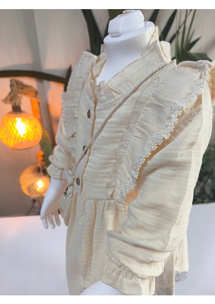 Uzun Kollu Dantel Detaylı Otantik Müslin Çantalı Kız Çocuk Elbisesi modelleri