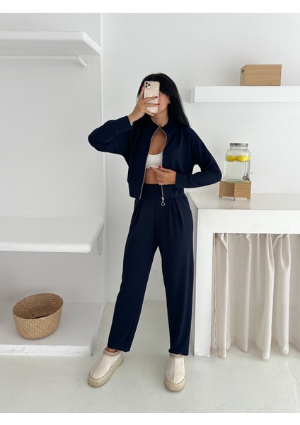 Beli Pensli Fermuarlı Şık Eşofman Takımı / Zip Detail Pleated Waist Elegant Tracksuit Set