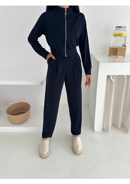 Beli Pensli Fermuarlı Şık Eşofman Takımı / Zip Detail Pleated Waist Elegant Tracksuit Set