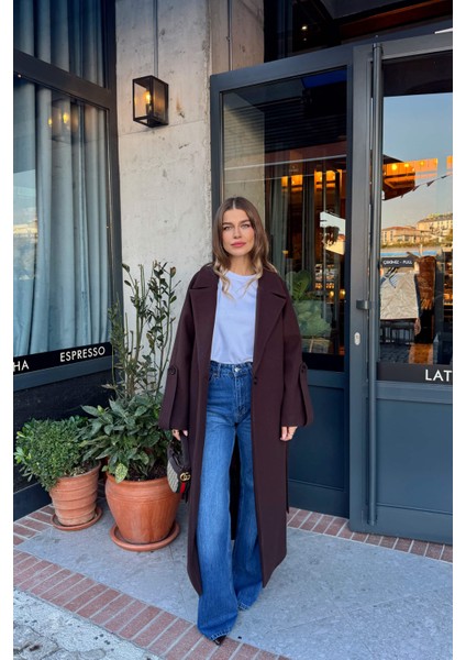 Koyu Kahve Kuşaklı Astarlı Oversize Kol Detay Yün Kaban fırsatları