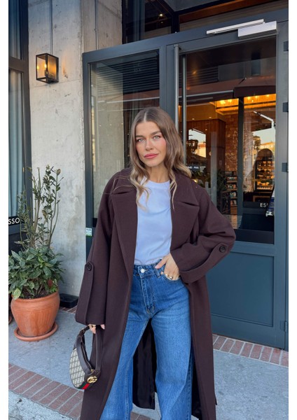 Koyu Kahve Kuşaklı Astarlı Oversize Kol Detay Yün Kaban indirimleri