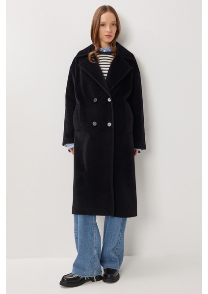 Kruvaze Yaka Oversize Kaşe Kaban LFG0173 Siyah