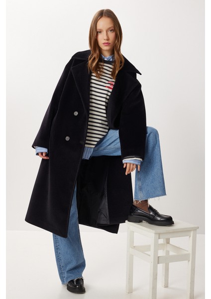 Kruvaze Yaka Oversize Kaşe Kaban LFG0173 Siyah fiyatları