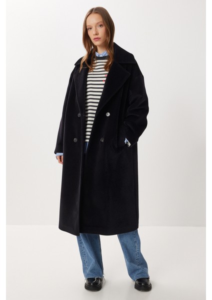 Kruvaze Yaka Oversize Kaşe Kaban LFG0173 Siyah modelleri