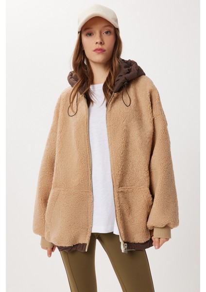 Oversize Kapüşonlu Kontrast Peluş Mont LFG0172 Bisküvi modelleri