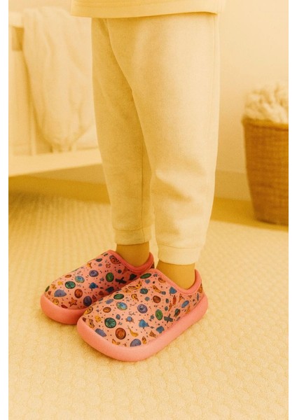 Peluş Içi Yünlü Kışlık Panduf Pembe Gezegen Desenli Çocuk Ev Terliği