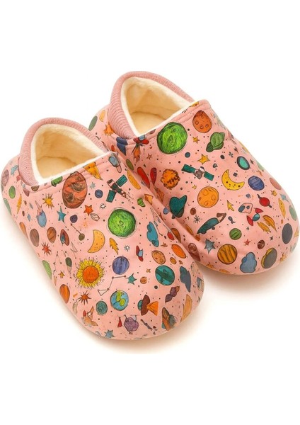 Peluş Içi Yünlü Kışlık Panduf Pembe Gezegen Desenli Çocuk Ev Terliği modelleri