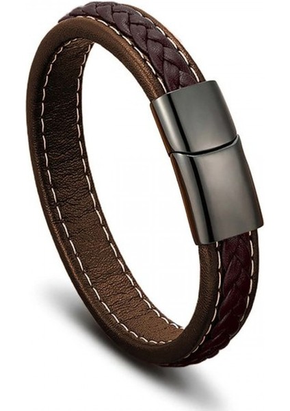 Kahve & Kahve Saç Örgülü Deri ve Çelik Bileklik 9593B8D1