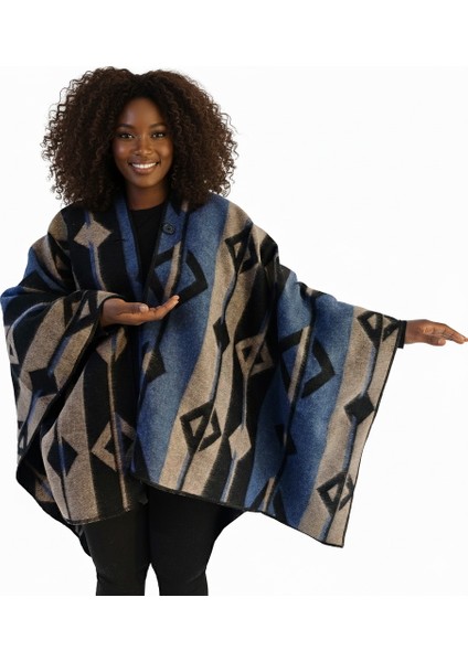 Mavi Bej Siyah Etnik Tasarım Desenli Tüylenmez Yünlü Sıcak Tutan Unisex Kampçı Panço Kışlık Şal