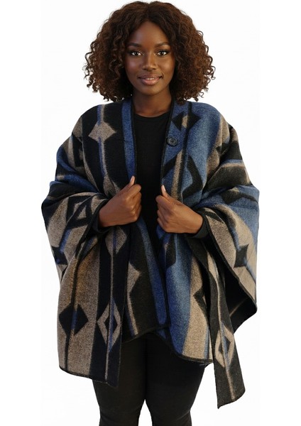 Mavi Bej Siyah Etnik Tasarım Desenli Tüylenmez Yünlü Sıcak Tutan Unisex Kampçı Panço Kışlık Şal fiyatları