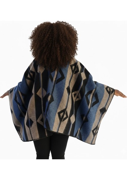 Mavi Bej Siyah Etnik Tasarım Desenli Tüylenmez Yünlü Sıcak Tutan Unisex Kampçı Panço Kışlık Şal modelleri