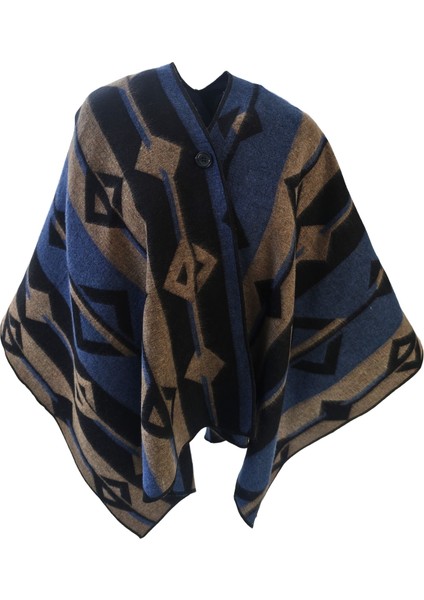 Mavi Bej Siyah Etnik Tasarım Desenli Tüylenmez Yünlü Sıcak Tutan Unisex Kampçı Panço Kışlık Şal fırsatları