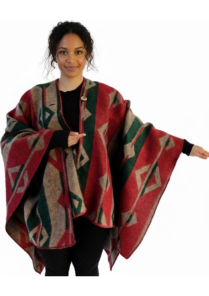 Yeşil Bej Kırmızı Etnik Tasarım Desenli Tüylenmez Yünlü Sıcak Tutan Unisex Kampçı Panço Kışlık Şal