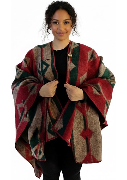 Yeşil Bej Kırmızı Etnik Tasarım Desenli Tüylenmez Yünlü Sıcak Tutan Unisex Kampçı Panço Kışlık Şal fiyatları