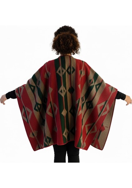 Yeşil Bej Kırmızı Etnik Tasarım Desenli Tüylenmez Yünlü Sıcak Tutan Unisex Kampçı Panço Kışlık Şal modelleri