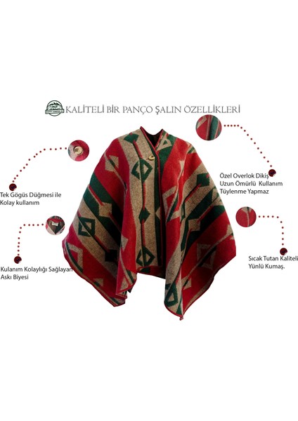 Yeşil Bej Kırmızı Etnik Tasarım Desenli Tüylenmez Yünlü Sıcak Tutan Unisex Kampçı Panço Kışlık Şal indirimleri