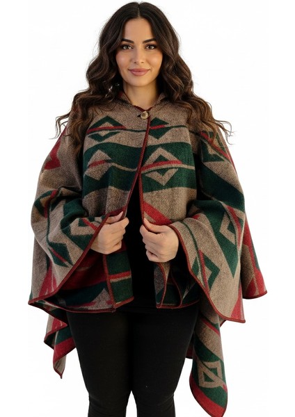 Yeşil Bej Kırmızı Etnik Desenli Yünlü Sıcak Tutan Kapüşonlu Unisex Kampçı Panço Kışlık Şal