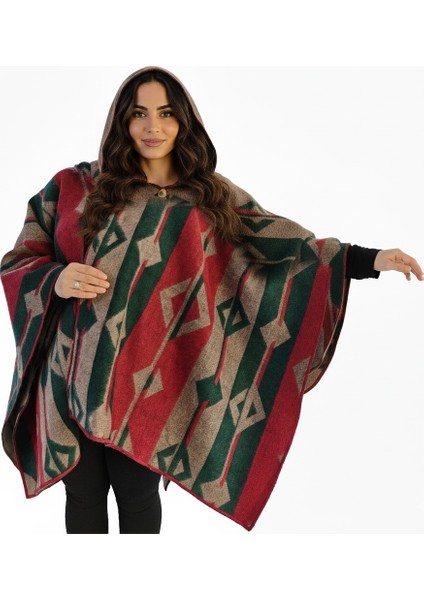 Yeşil Bej Kırmızı Etnik Desenli Yünlü Sıcak Tutan Kapüşonlu Unisex Kampçı Panço Kışlık Şal fiyatları