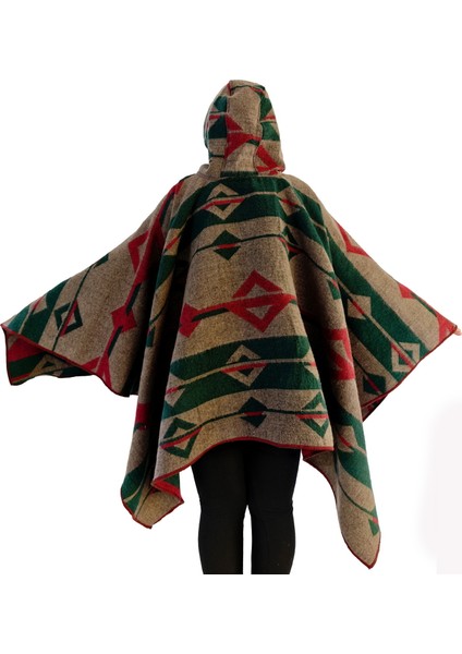 Yeşil Bej Kırmızı Etnik Desenli Yünlü Sıcak Tutan Kapüşonlu Unisex Kampçı Panço Kışlık Şal modelleri