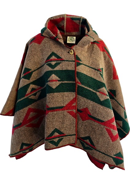 Yeşil Bej Kırmızı Etnik Desenli Yünlü Sıcak Tutan Kapüşonlu Unisex Kampçı Panço Kışlık Şal fırsatları
