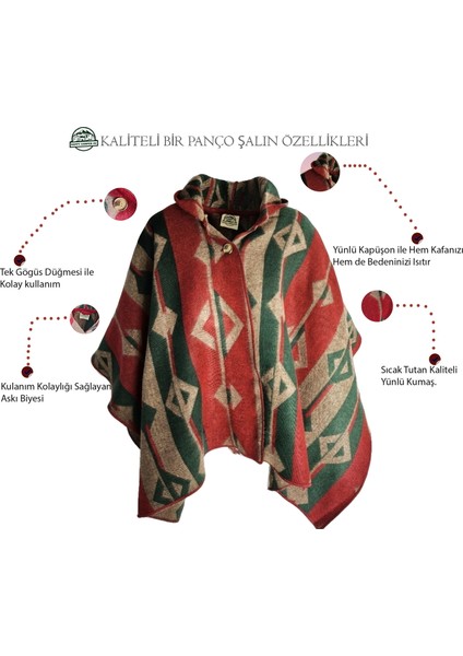 Yeşil Bej Kırmızı Etnik Desenli Yünlü Sıcak Tutan Kapüşonlu Unisex Kampçı Panço Kışlık Şal indirimleri