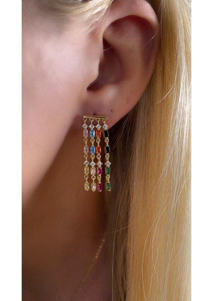 Altın Kaplama Mıx Colour Salantılı Küpe 925 Ayar Gümüş Tek Adet