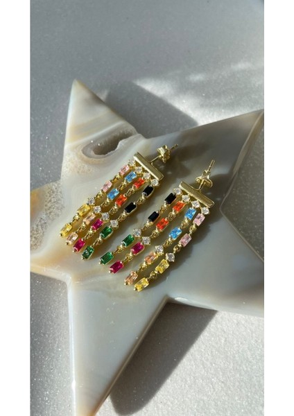 Altın Kaplama Mıx Colour Salantılı Küpe 925 Ayar Gümüş Tek Adet modelleri