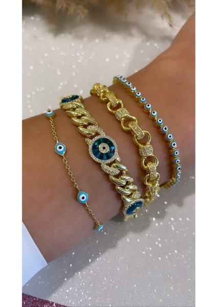 Altın Kaplama 3'lü Nazar Göz Gurmet Bileklik 925 Ayar Gümüş
