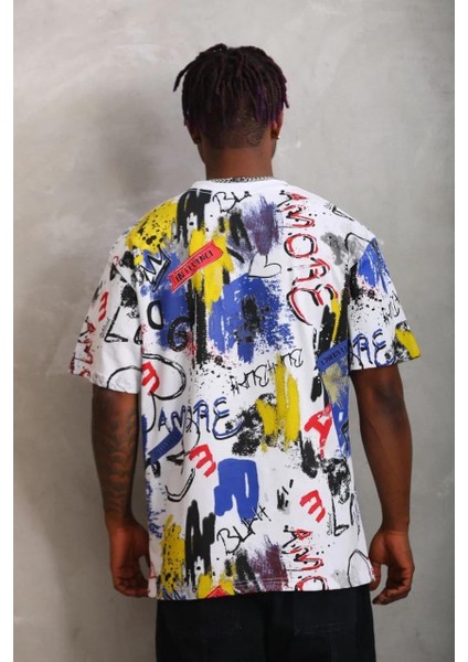 Unisex Oversize Baskılı Bisiklet Yaka T-Shirt - Beyaz fiyatları