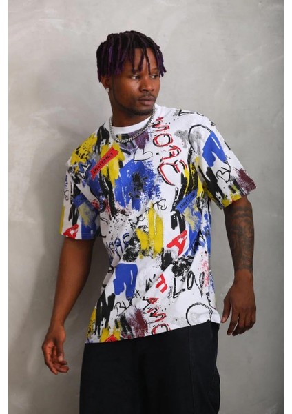 Unisex Oversize Baskılı Bisiklet Yaka T-Shirt - Beyaz modelleri