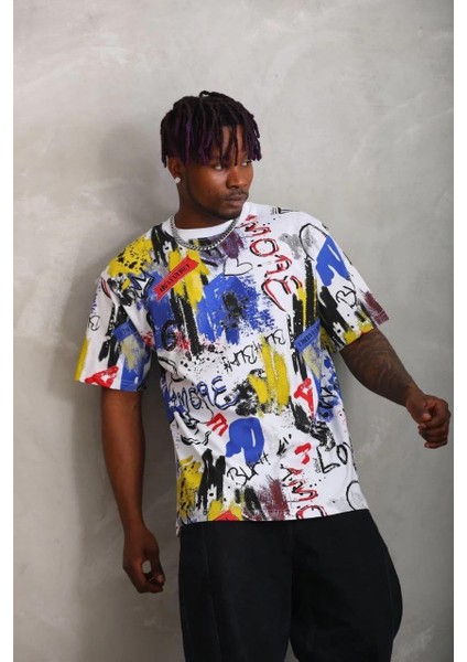 Unisex Oversize Baskılı Bisiklet Yaka T-Shirt - Beyaz fırsatları