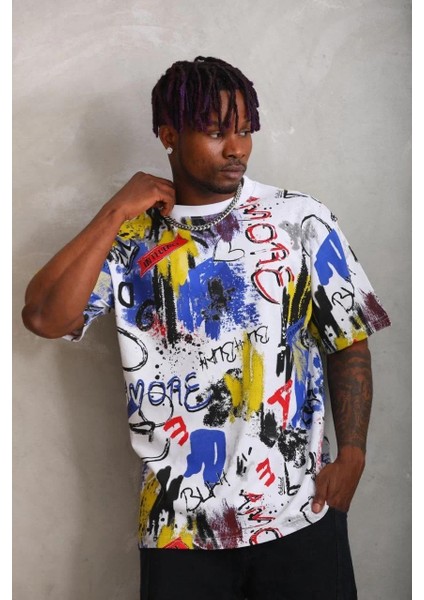 Unisex Oversize Baskılı Bisiklet Yaka T-Shirt - Beyaz indirimleri